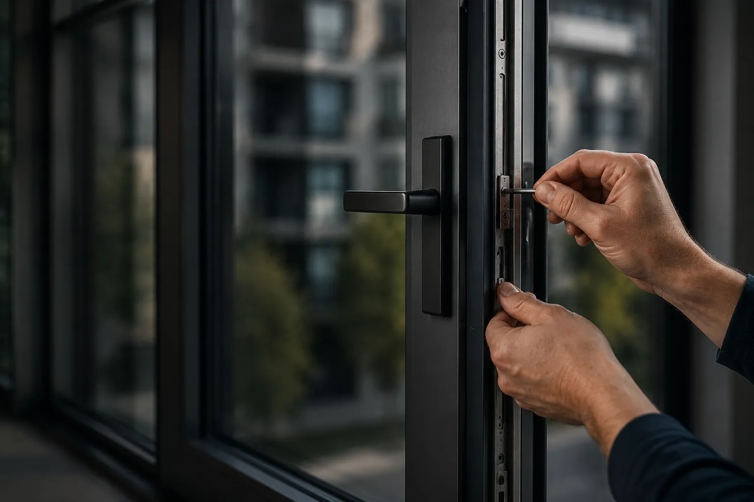Regulacja okna aluminiowego – zbliżenie na zawias nożycowy