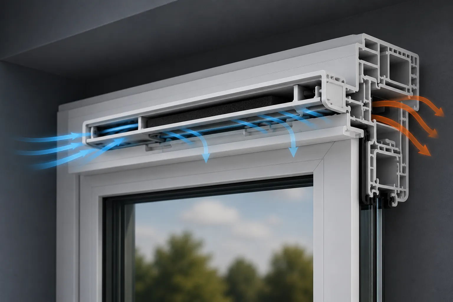 Humidity-controlled trickle vent (Aereco) installed on a PVC window frame