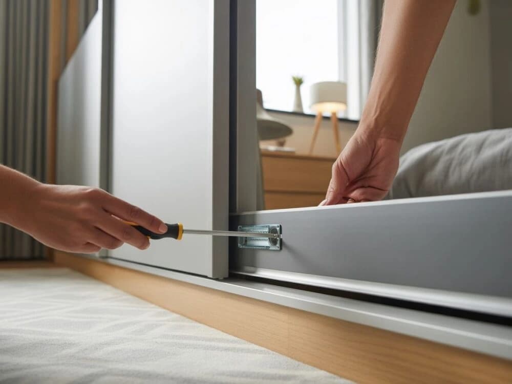 Technician servicing HST sliding door – track cleaning and wheel replacement