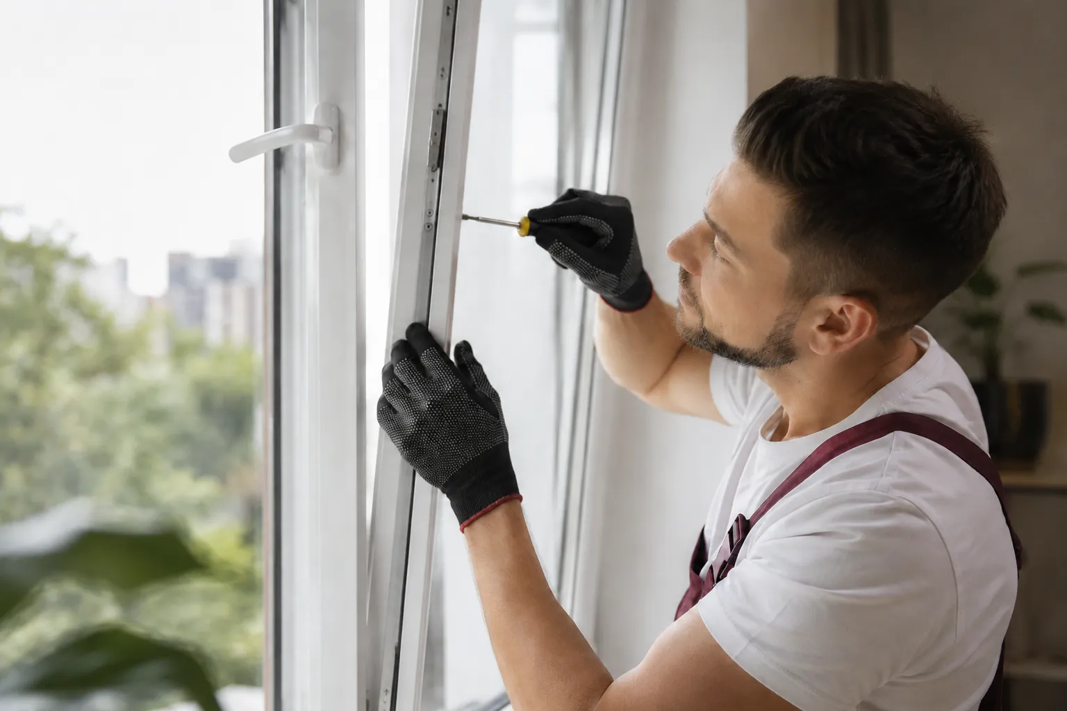 Technician repairing PVC window fittings on site