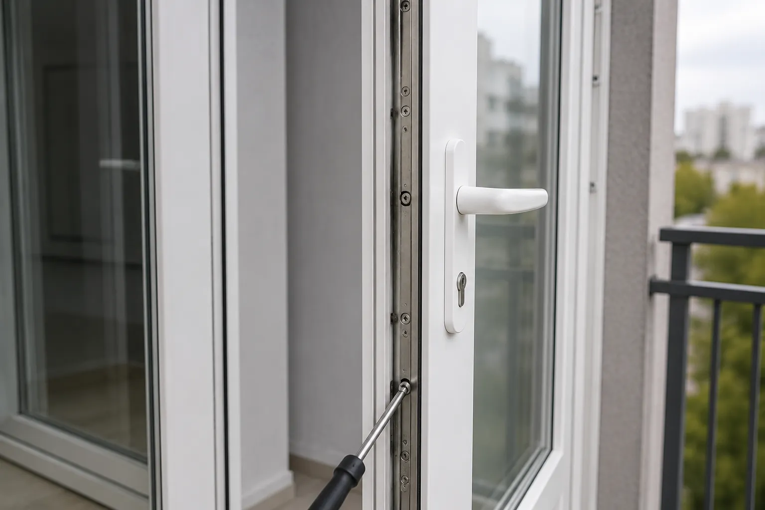 Technician adjusting door hinges