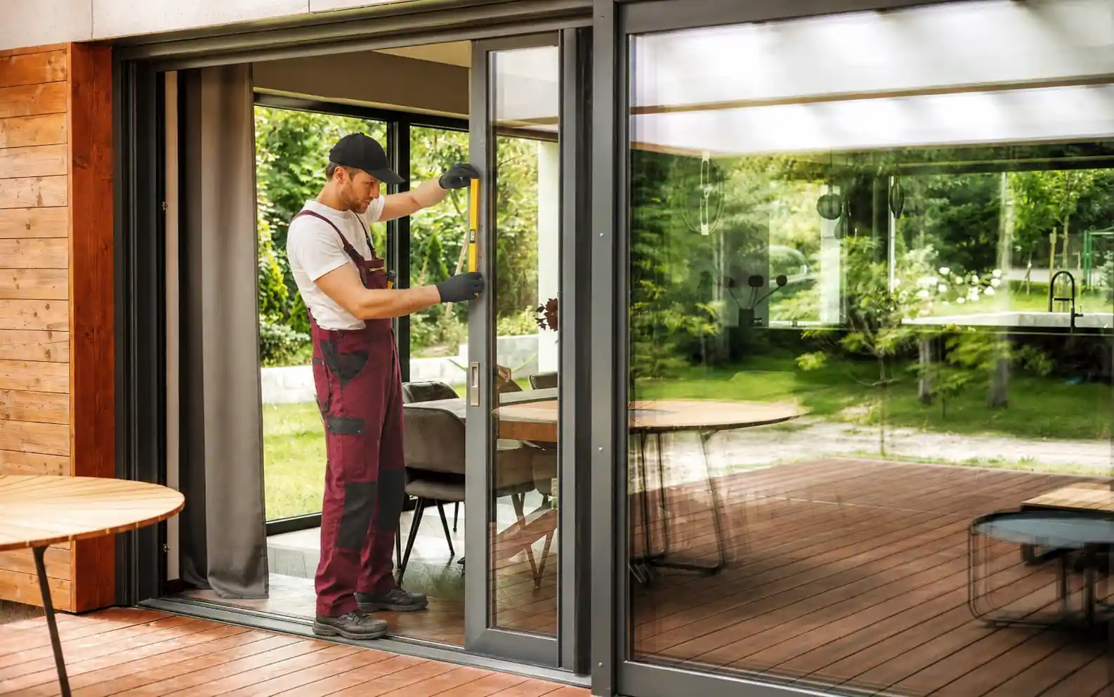 Technician servicing sliding door roller and track system