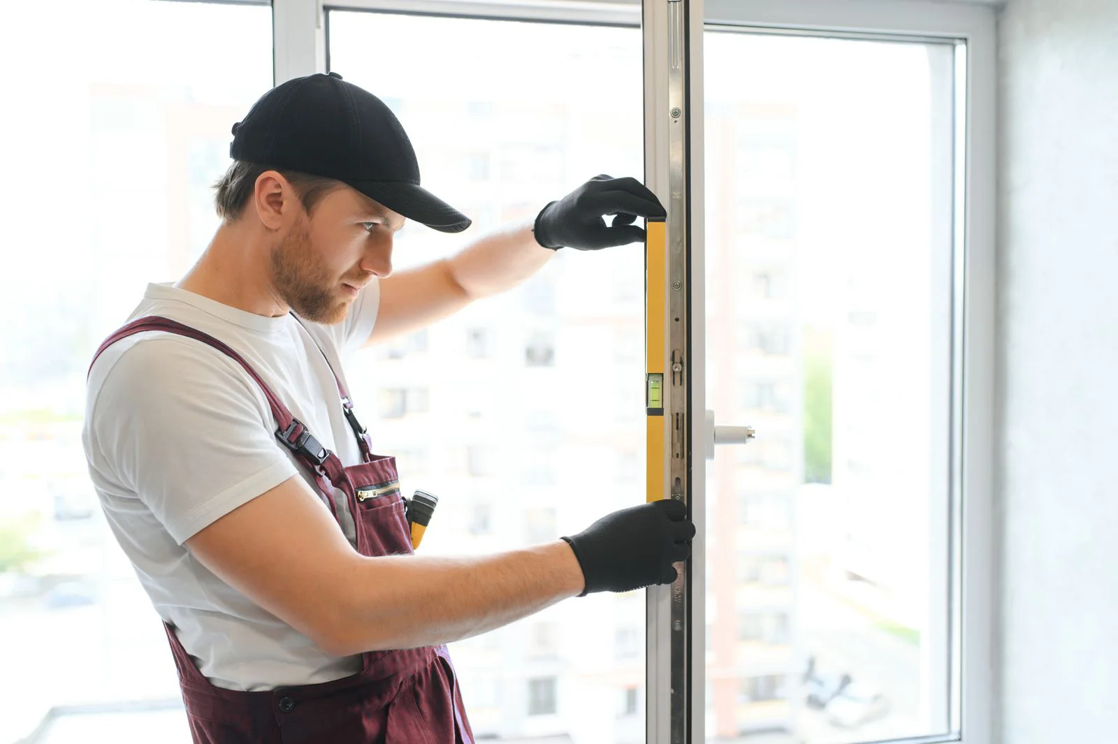 Technik profesjonalnie sprawdza geometrię ramy okiennej poziomnicą podczas naprawy